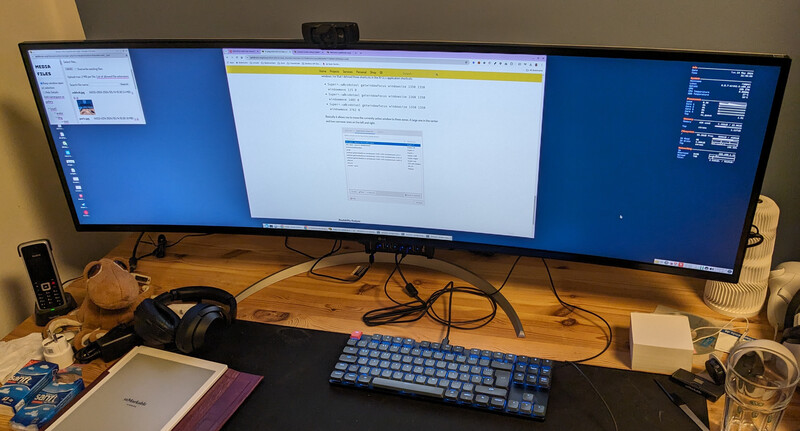 New monitor on a somewhat messy desk New monitor on a somewhat messy desk